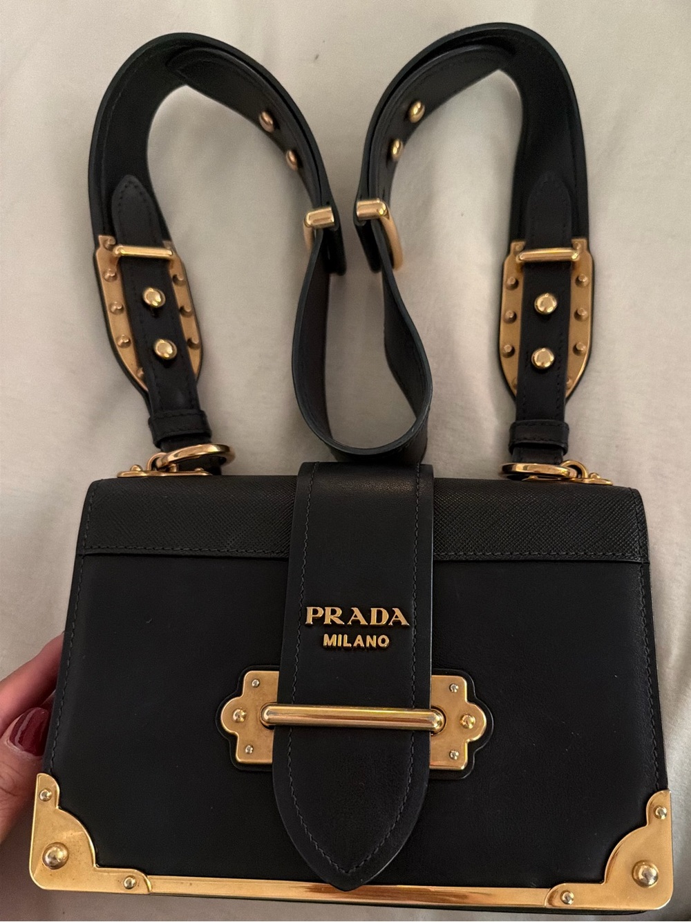 Prada Black Leather Shoulder Bag with Gold Hardware and Studded Strap - Picture 2 of 4